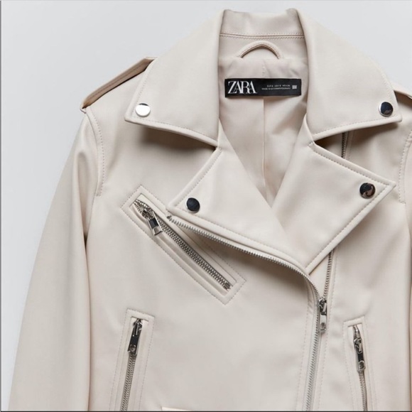 Zara Beige Faux Leather Biker Moto Jacket Sz:XS - Picture 7 of 7